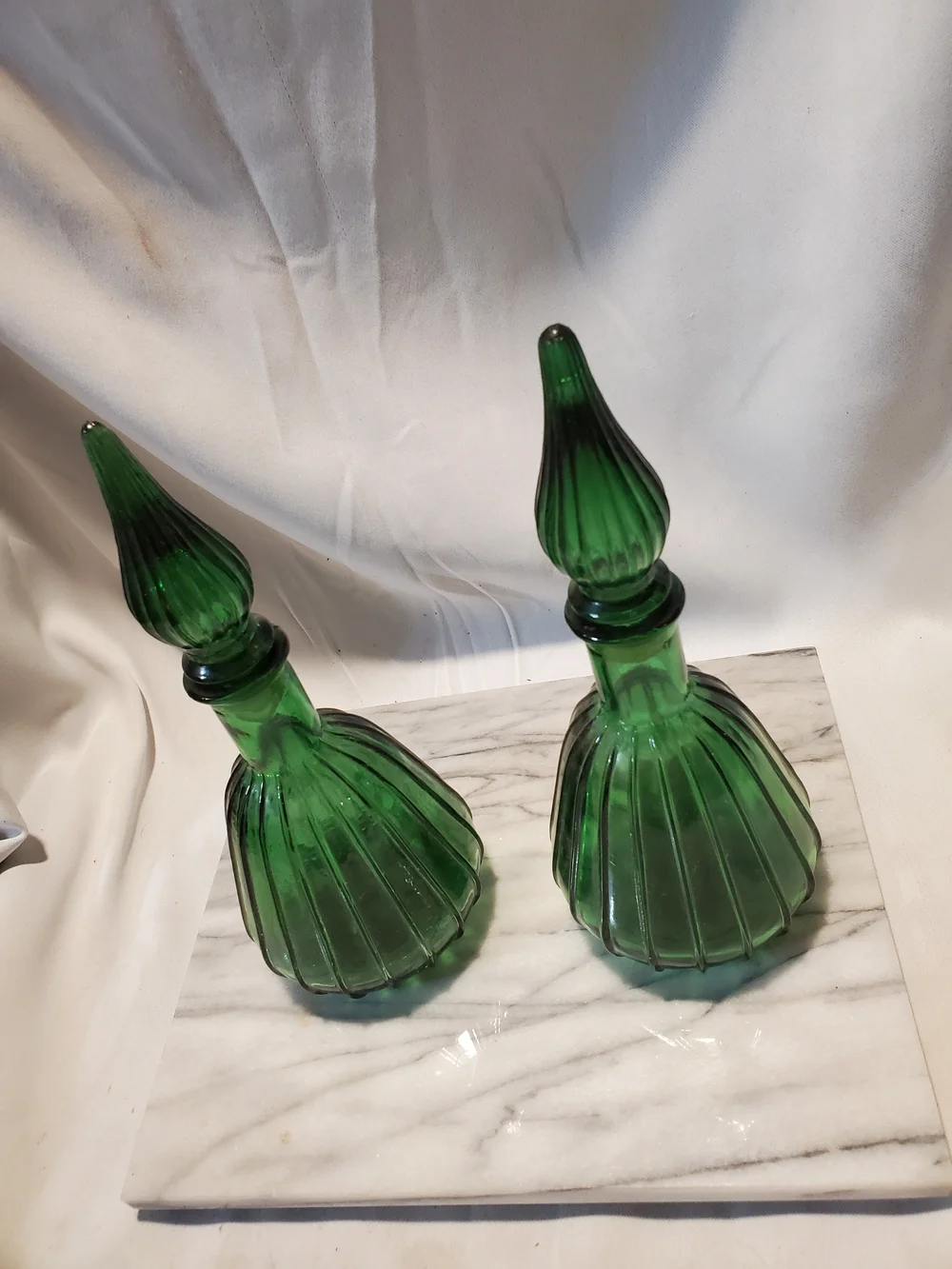 Vintage MCM Empoli Green Glass Genie Bottles Pair - 1960s Italian Art Glass...